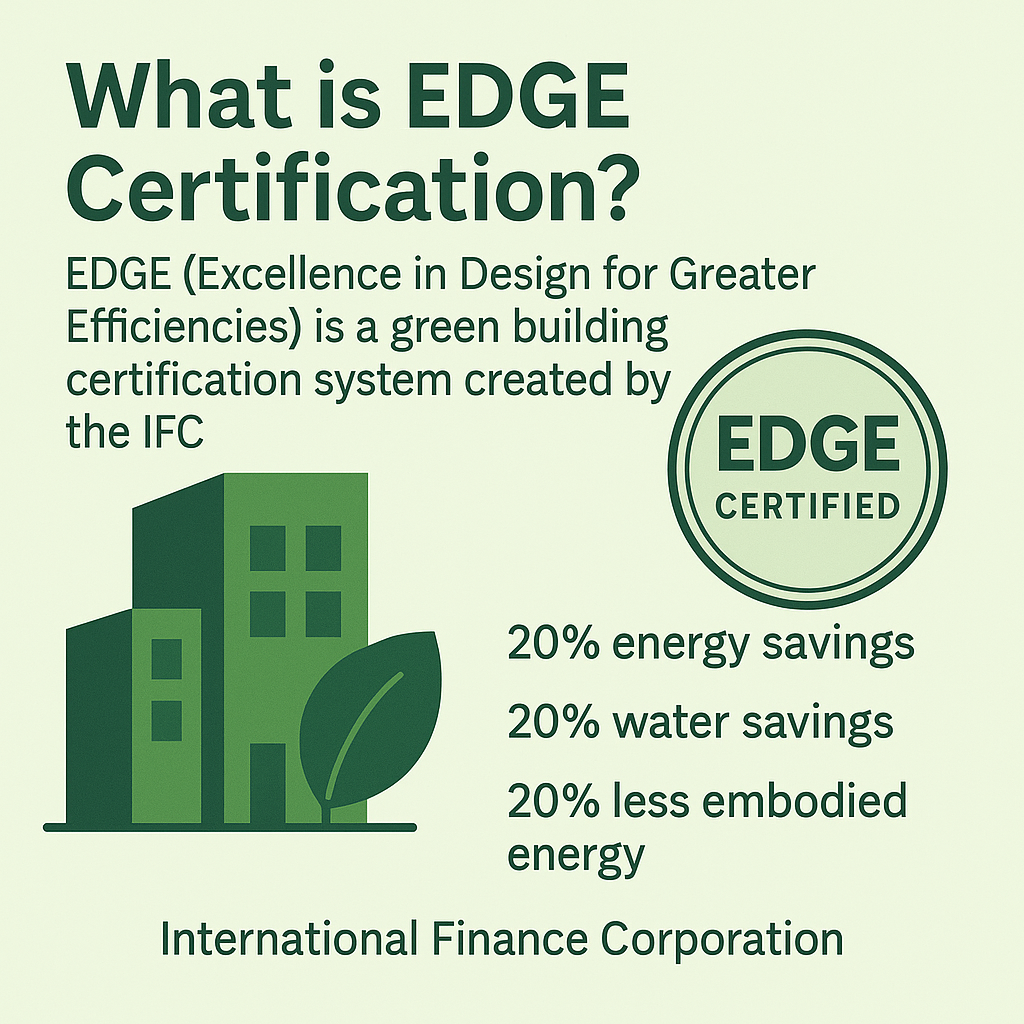 What is EDGE Certification? Green Home Certification for Energy and Water Efficient Homes | Home First This infographic explains EDGE (Excellence in Design for Greater Efficiencies), a green building certification developed by the International Finance Corporation (IFC). It highlights the key eligibility criteria for EDGE-certified homes, including a minimum of 20% savings in energy, 20% savings in water consumption, and 20% reduction in embodied energy of building materials. The visual features a green residential building icon and an EDGE Certified seal, illustrating how sustainable homes can help homeowners reduce utility costs while contributing to environmental conservation. Home First supports awareness of green housing and sustainable homeownership in India.
